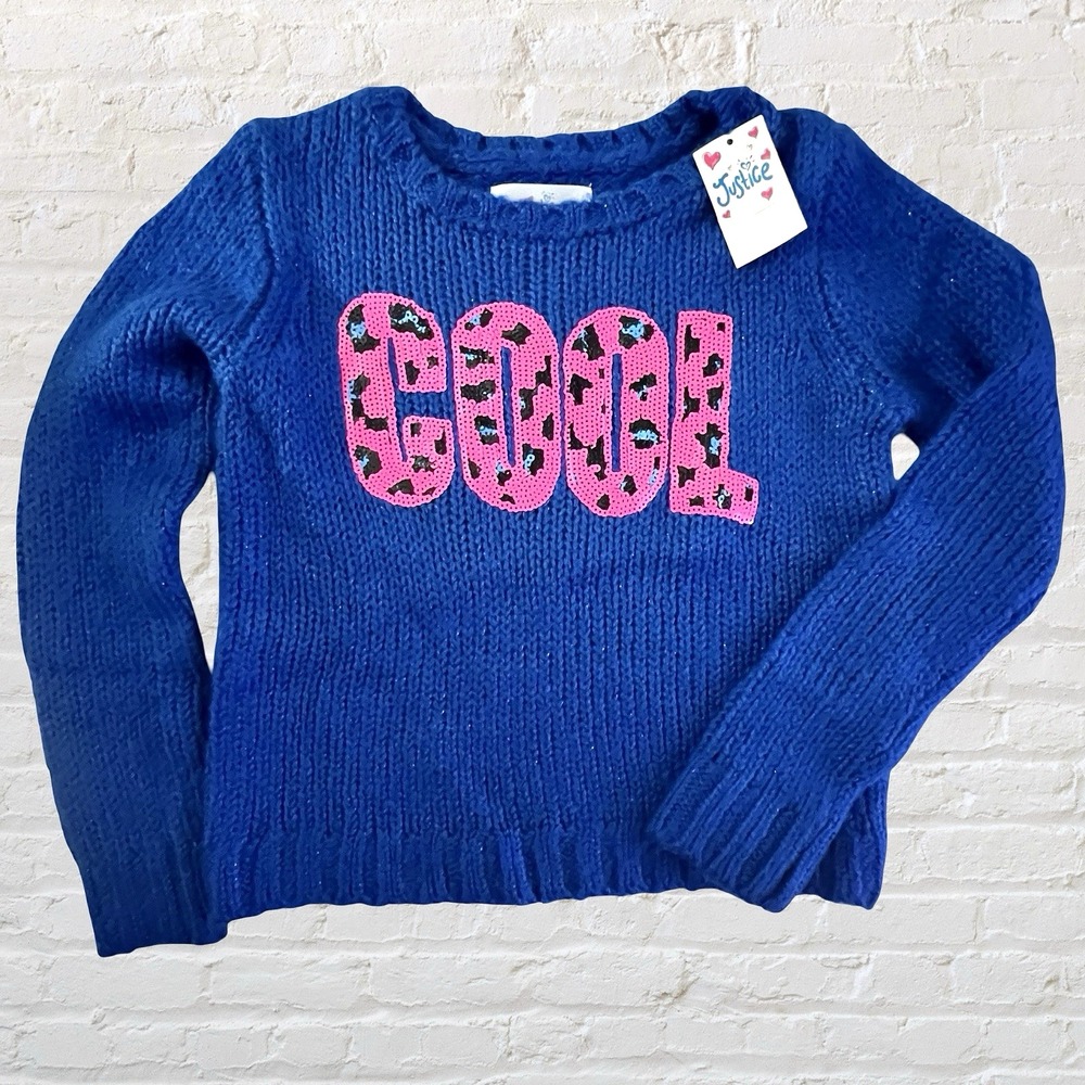 Justice Girls‎ Blue Hot Pink Cheetah Sequin Sweater Size 6 COOL Spell Out NWT